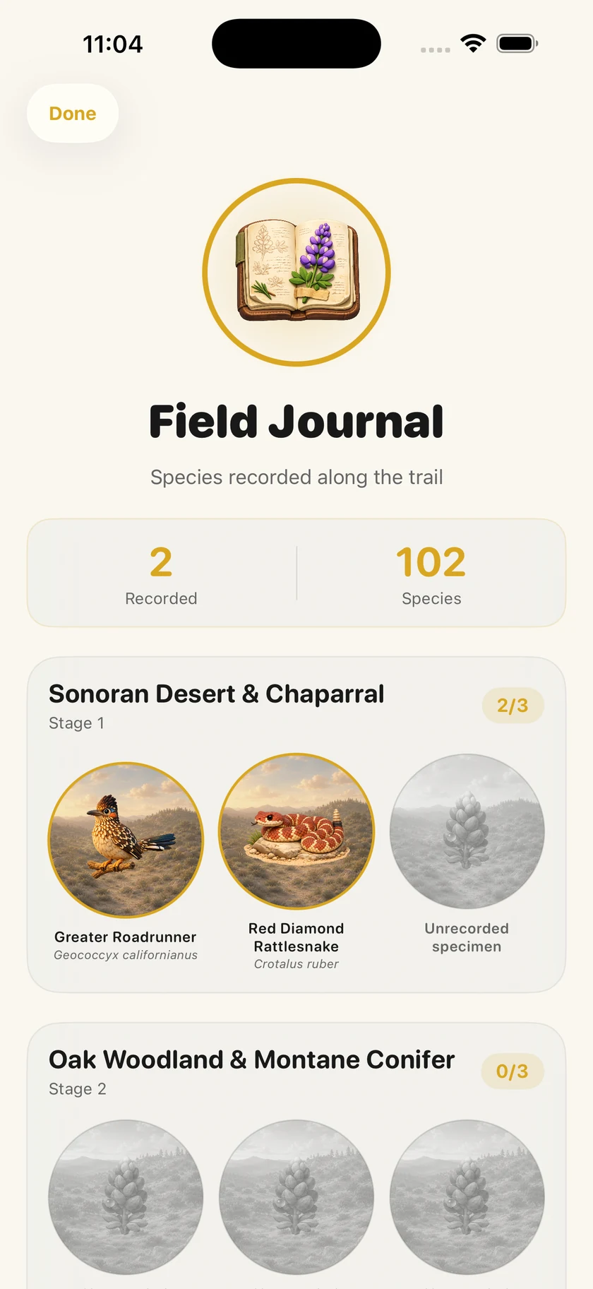 A species entry in the Field Journal